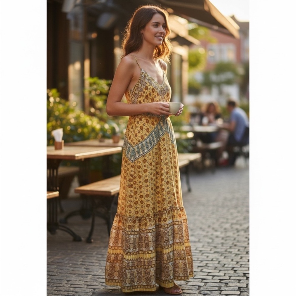 Sundance Light as Air Yellow Printed Boho spring Maxi Dress ruffled Size small